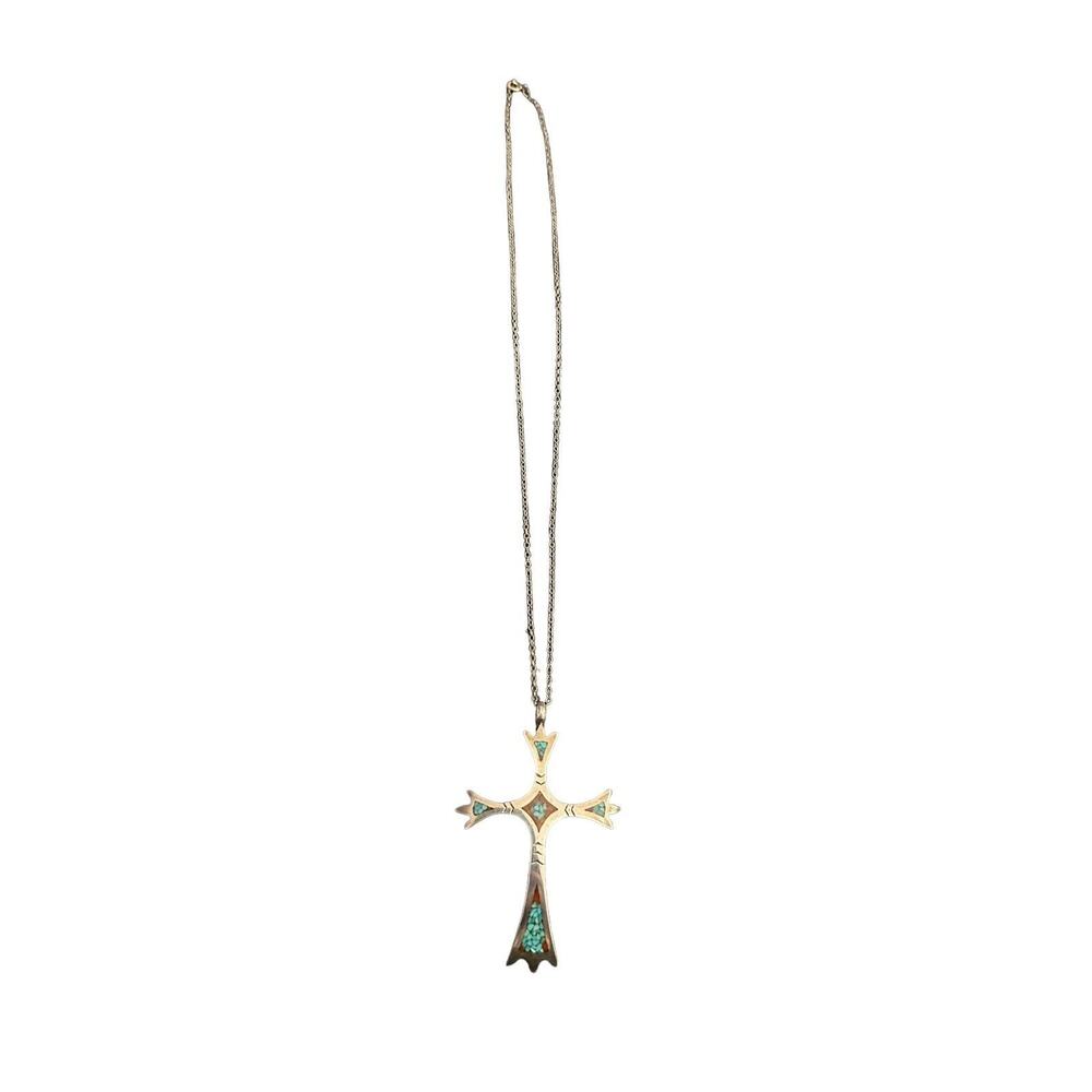 Sterling Native American Cross With Inlaid Red Coral And Turquoise Silver Chain - Picture 10 of 16